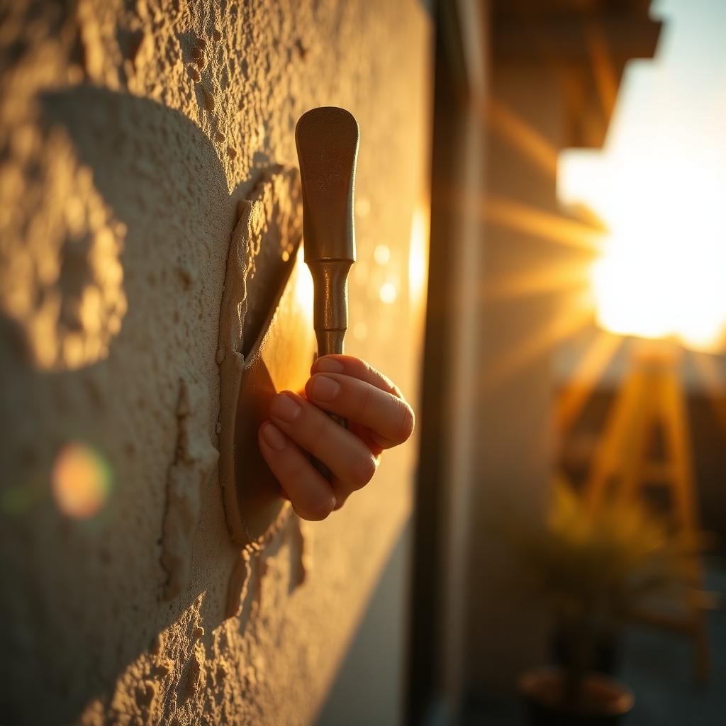 Craftsman hand-troweling stucco in golden light